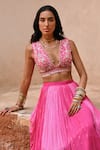 Buy_Chamee and Palak_Pink Georgette Embroidered Resham Plunging V Ombre Meadow Lehenga Set _Online_at_Aza_Fashions