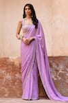 Buy_Chamee and Palak_Purple Georgette Embroidered Zardosi Square Layla Pre-draped Saree With Blouse _at_Aza_Fashions