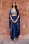 Buy_Chamee and Palak_Blue Lurex Embroidered Glass Bead Plunging V Chayya Cape Draped Skirt Set _at_Aza_Fashions