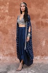 Shop_Chamee and Palak_Blue Lurex Embroidered Glass Bead Plunging V Chayya Cape Draped Skirt Set _at_Aza_Fashions