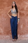 Chamee and Palak_Blue Lurex Embroidered Glass Bead Plunging V Chayya Cape Draped Skirt Set _at_Aza_Fashions