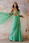 Chamee and Palak_Green Georgette Embroidered Resham And Leather Applique Work Saree With Blouse _Online_at_Aza_Fashions