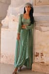 Buy_Chamee and Palak_Green Georgette Embroidered Glass Bead Sweetheart Tessa Cape Draped Skirt Set _at_Aza_Fashions