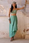 Chamee and Palak_Green Georgette Embroidered Glass Bead Sweetheart Tessa Cape Draped Skirt Set _at_Aza_Fashions