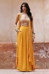 Buy_Chamee and Palak_Yellow Georgette Embroidered Glass Bead Sweetheart And Zardosi Cape Pant Set _at_Aza_Fashions