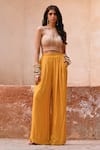 Buy_Chamee and Palak_Yellow Georgette Embroidered Glass Bead Sweetheart And Zardosi Cape Pant Set _Online_at_Aza_Fashions