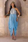 Buy_Chamee and Palak_Blue Georgette Embroidered Glass Bead Halter Adina Cowl Dress _at_Aza_Fashions