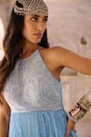 Chamee and Palak_Blue Georgette Embroidered Glass Bead Halter Adina Cowl Dress _Online_at_Aza_Fashions