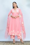 Buy_Priyanka Jain_Pink Italian Crepe Embroidered Floral V Neck Anarkali Pant Set _at_Aza_Fashions