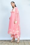 Priyanka Jain_Pink Italian Crepe Embroidered Floral V Neck Anarkali Pant Set _Online_at_Aza_Fashions