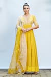 Buy_Priyanka Jain_Yellow Italian Crepe Embroidered Floral Plunge V Neck Yoke Anarkali Set _at_Aza_Fashions