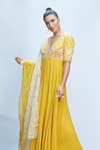 Buy_Priyanka Jain_Yellow Italian Crepe Embroidered Floral Plunge V Neck Yoke Anarkali Set _Online_at_Aza_Fashions