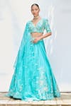 Buy_Priyanka Jain_Blue Italian Crepe Embroidered Floral V Neck Aari Lehenga Blouse Set _at_Aza_Fashions