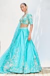 Priyanka Jain_Blue Italian Crepe Embroidered Floral V Neck Aari Lehenga Blouse Set _Online_at_Aza_Fashions