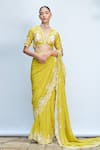 Buy_Priyanka Jain_Green Italian Crepe Embroidered Floral V Neck Aari Pre-draped Saree With Blouse _at_Aza_Fashions