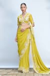 Priyanka Jain_Green Italian Crepe Embroidered Floral V Neck Aari Pre-draped Saree With Blouse _Online_at_Aza_Fashions