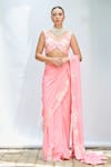 Buy_Priyanka Jain_Pink Italian Crepe Embroidered Floral V Neck Pre-draped Saree With Blouse _at_Aza_Fashions