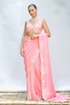 Priyanka Jain_Pink Italian Crepe Embroidered Floral V Neck Pre-draped Saree With Blouse _Online_at_Aza_Fashions