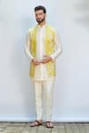 Buy_Priyanka Jain_Yellow Kurta Chanderi Embroidery Thread Floral Bundi And Set _at_Aza_Fashions