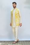 Buy_Priyanka Jain_Yellow Kurta Chanderi Embroidery Thread Floral Bundi And Set _Online_at_Aza_Fashions