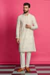 Buy_Priyanka Jain_Ivory Kurta Chanderi Embroidery Thread Sequin Set _at_Aza_Fashions