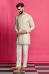 Buy_Priyanka Jain_Ivory Kurta Chanderi Embroidery Zari Thread Geometric Set _at_Aza_Fashions