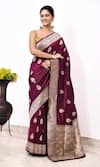 Buy_Naaritva India_Wine Kota Doria Embroidery Damask Booti Woven Banarasi Saree With Running Blouse _at_Aza_Fashions
