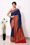 Buy_Naaritva India_Blue Handloom Cotton Handwoven Ditsy Phool Booti Saree With Running Blouse _at_Aza_Fashions