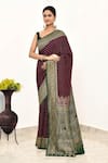 Buy_Naaritva India_Wine Handloom Cotton Woven Zari Floral Saree With Running Blouse Piece _at_Aza_Fashions