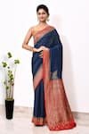 Buy_Naaritva India_Blue Handloom Cotton Woven Zari Animal Border Saree With Running Blouse Piece _at_Aza_Fashions