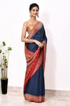 Buy_Naaritva India_Blue Handloom Cotton Woven Zari Animal Border Saree With Running Blouse Piece _Online_at_Aza_Fashions