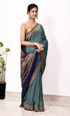 Naaritva India_Blue Handloom Cotton Woven Zari Foliage Stripe Saree With Running Blouse Piece _Online_at_Aza_Fashions