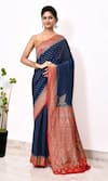 Buy_Naaritva India_Blue Handloom Cotton Woven Zari Animal Border Saree With Running Blouse Piece _at_Aza_Fashions