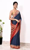 Shop_Naaritva India_Blue Handloom Cotton Woven Zari Animal Border Saree With Running Blouse Piece _Online_at_Aza_Fashions