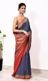 Naaritva India_Blue Handloom Cotton Woven Zari Foliage Stripe Saree With Running Blouse Piece _Online_at_Aza_Fashions