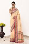 Buy_Naaritva India_Gold Tissue Embroidery Floral Border Woven Banarasi Saree With Running Blouse _at_Aza_Fashions