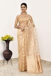 Buy_Naaritva India_Gold Pure Tissue Handwoven Tear Drop Floral Buti Saree With Running Blouse _at_Aza_Fashions