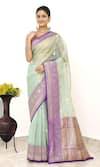Buy_Naaritva India_Blue Tissue Botanical Border Woven Banarasi Saree With Running Blouse _at_Aza_Fashions