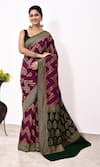 Buy_Naaritva India_Wine Handloom Cotton Handwoven Chevron Saree With Running Blouse _at_Aza_Fashions