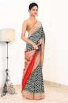 Naaritva India_Blue Handloom Cotton Handwoven Geometric Pattern Saree With Running Blouse _Online_at_Aza_Fashions