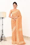 Buy_Naaritva India_Orange Handloom Cotton Handwoven Floral Geometric Saree With Running Blouse _at_Aza_Fashions