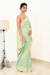 Buy_Naaritva India_Green Handloom Cotton Handwoven Geometric Saree With Running Blouse _Online_at_Aza_Fashions