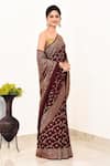 Naaritva India_Wine Handloom Cotton Handwoven Floral Leaf Pattern Saree With Running Blouse _Online_at_Aza_Fashions