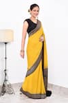 Naaritva India_Yellow Crepe Handwoven Butti Contrast Pallu Detailed Saree With Running Blouse _Online_at_Aza_Fashions