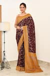 Buy_Naaritva India_Wine Crepe Handwoven Flower Veil Detailed Saree With Running Blouse _at_Aza_Fashions