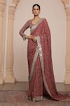 Buy_Arpita Mehta_Red Georgette Embroidery Mirror Scoop Neck Starlet Buti Saree With Blouse _at_Aza_Fashions