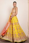 Buy_Arpita Mehta_Yellow Net Embroidery Mirror Off Shoulder Neck Wild Bloom Lehenga Set _Online_at_Aza_Fashions