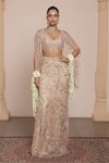 Buy_Arpita Mehta_Beige Net Embroidered Thread V-neck Floral Lehenga Set With Cape _at_Aza_Fashions