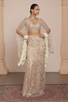 Shop_Arpita Mehta_Beige Net Embroidered Thread V-neck Floral Lehenga Set With Cape _at_Aza_Fashions