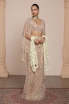 Arpita Mehta_Beige Net Embroidered Thread V-neck Floral Lehenga Set With Cape _Online_at_Aza_Fashions